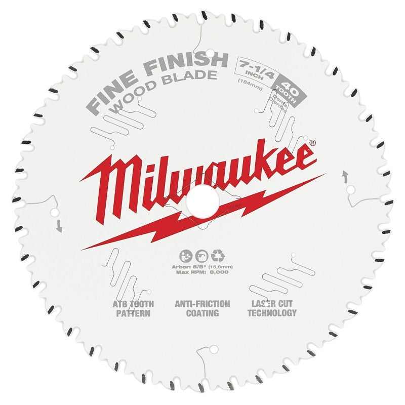 Milwaukee 48-40-0726 Circular Saw Blade, 7-1/4 in Dia, 40-Teeth, 5/8 in Arbor, Cobalt/Tungsten Carbide Cutting Edge