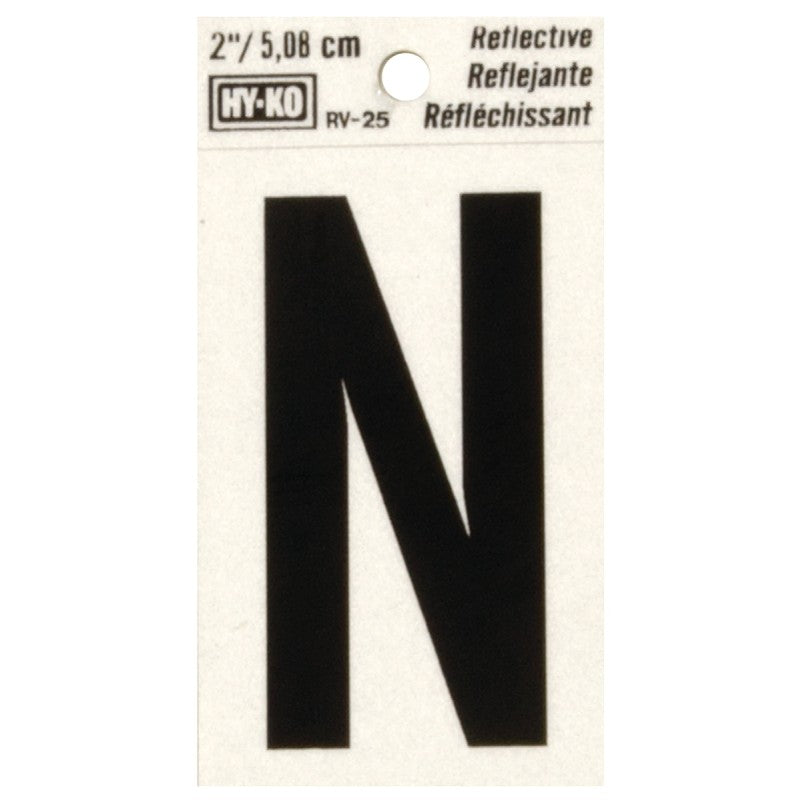 Hy-Ko RV-25/N Reflective Letter, 1-1/2 in W x 3 in H Dimensions, Character: N, 2 in H Character, Black Character, Vinyl (Pack of 10)