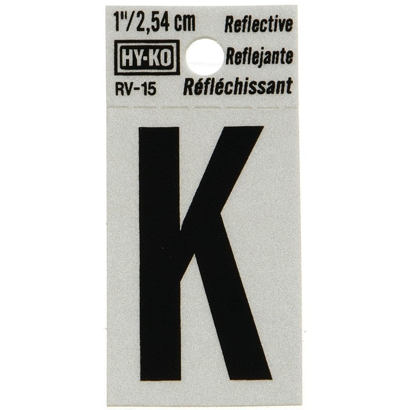 Hy-Ko RV-15/K Reflective Letter, Character: K, 1 in H Character, Black Character, Silver Background, Vinyl (Pack of 10)