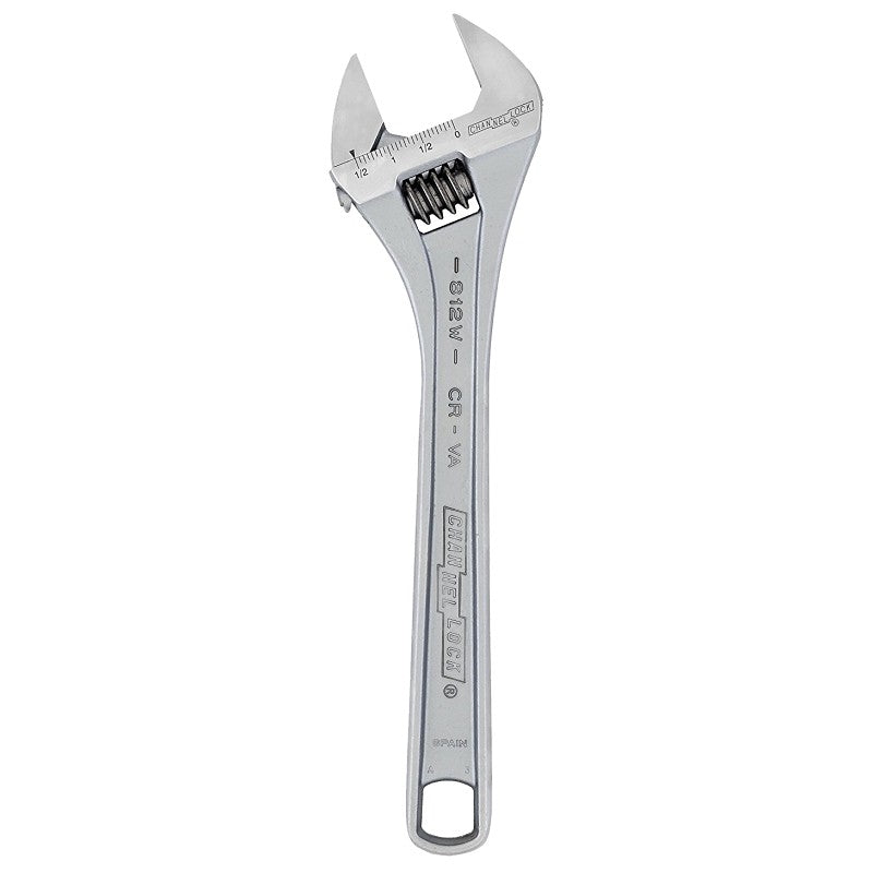 Channellock WIDEAZZ Series 812W Adjustable Wrench, 12 in OAL, 1-1/2 in Jaw, Steel, Chrome, Plain-Grip Handle