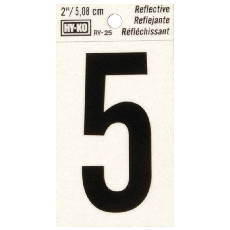 Hy-Ko RV-25/5 Reflective Sign, Character: 5, 2 in H Character, Black Character, Silver Background, Vinyl (Pack of 10)