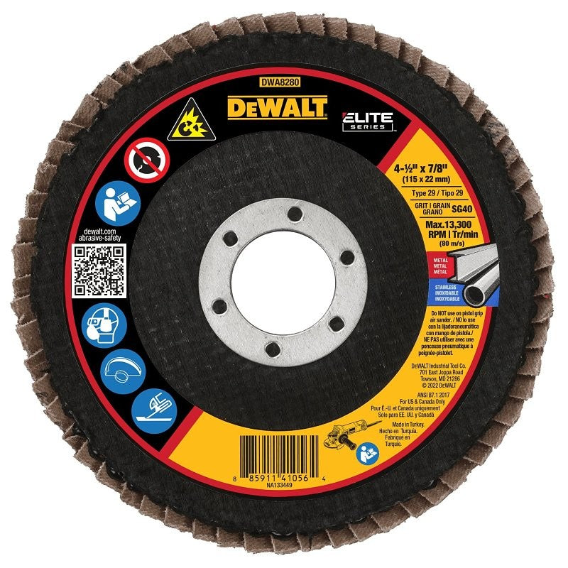 DEWALT XP Series DWA8280 Flap Disc, 4-1/2 in Dia, 7/8 in Arbor, Coated, 40 Grit, Coarse, Ceramic Cloth Abrasive