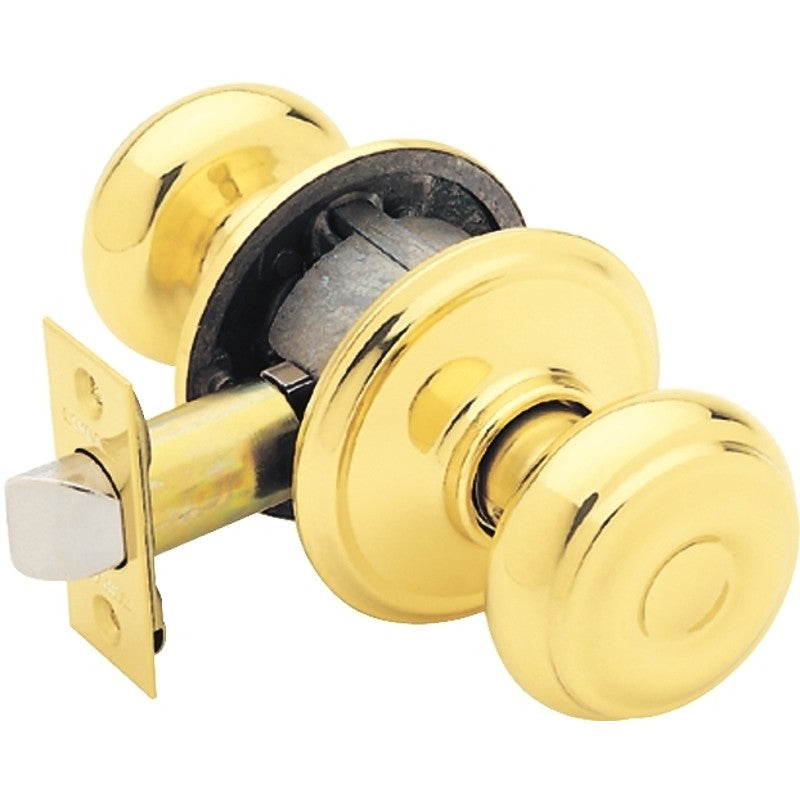 Schlage F Series F10VGEO605 Passage Knob, Georgian, Round, 2-3/4 in Dimensions, Metal, Bright Brass, Reversible Hand