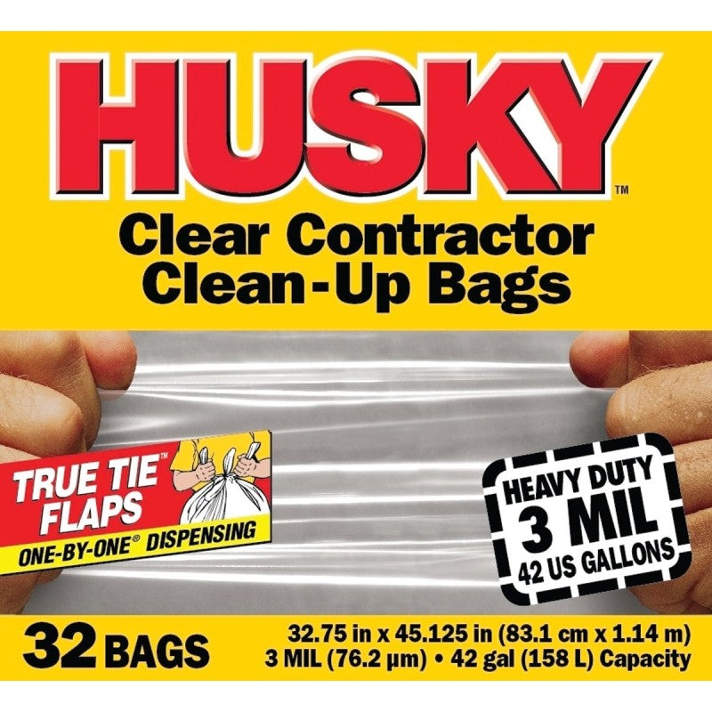 Husky HC42WC032C Clean-Up Trash Bag, 42 gal Capacity, Polyethylene, Clear