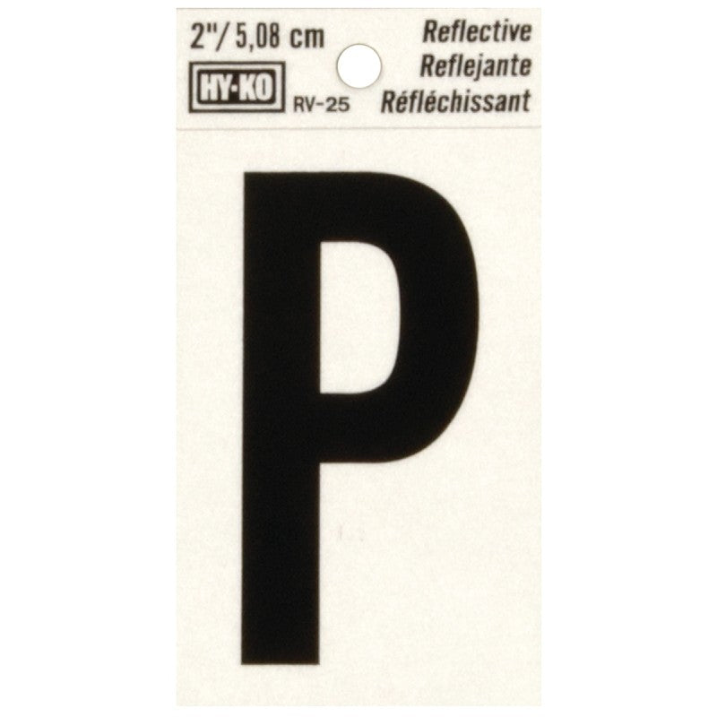 Hy-Ko RV-25/P Reflective Letter, 1-1/2 in W x 3 in H Dimensions, Character: P, 2 in H Character, Black Character, Vinyl (Pack of 10)