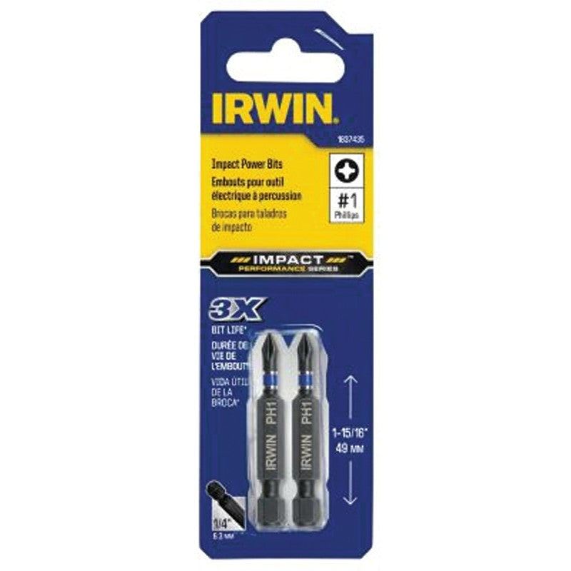 Irwin 1837435 Power Bit, #1 Drive, Phillips Drive, 1/4 in Shank, Hex Shank, 2 in L, High-Grade S2 Tool Steel, 2/PK