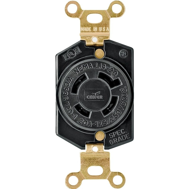 Eaton Wiring Devices L1420R Single Receptacle, Flush Mounting, 3-Pole, 125/250 V, 20 A, Back and Side Wiring, Black