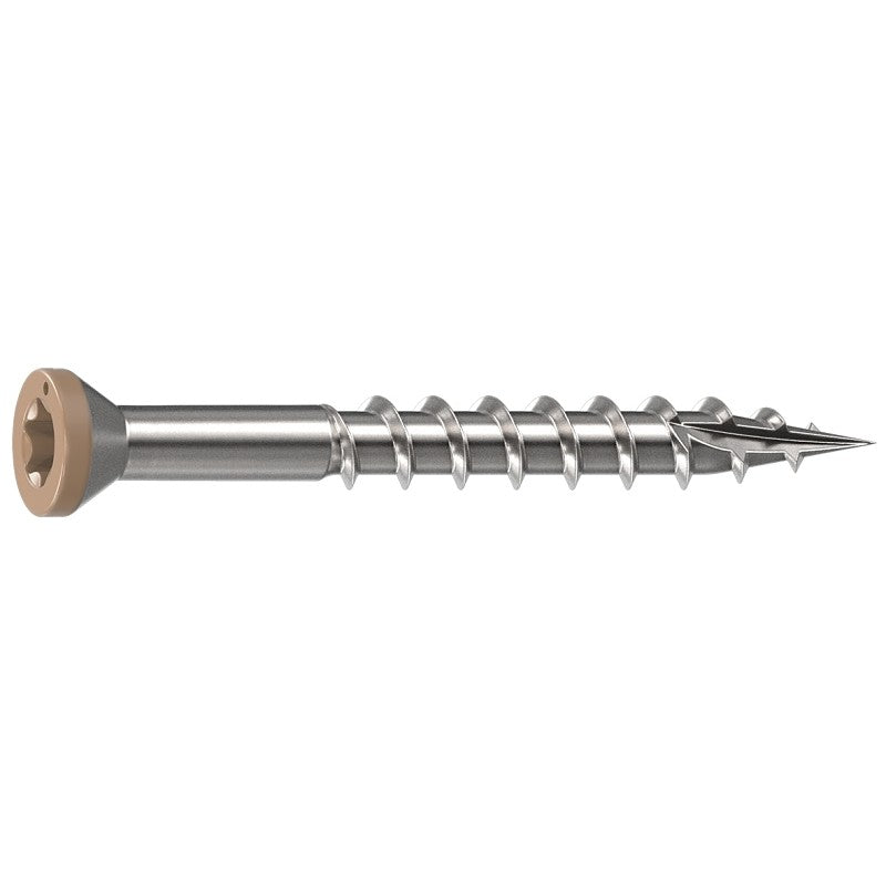 Camo 0353000TS Deck Screw, 0.163 in Thread, 1-5/8 in L, Trim Head, Sharp, Type-17 Point, 316 Stainless Steel, Tan