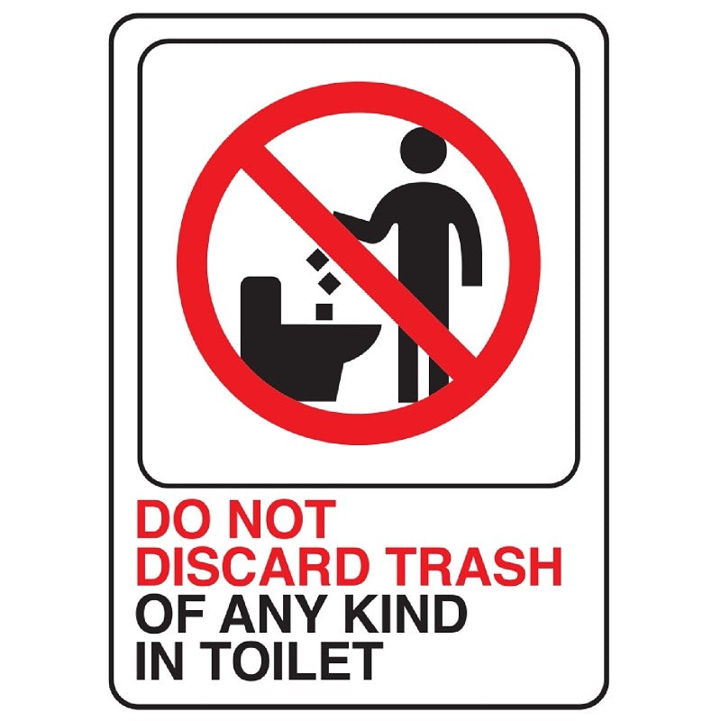 Hy-Ko D-25 Deco Sign, DO NOT DISCARD TRASH OF ANY KIND IN TOILET, White Background, Plastic, 7 in H x 5 in W Dimensions (Pack of 5)