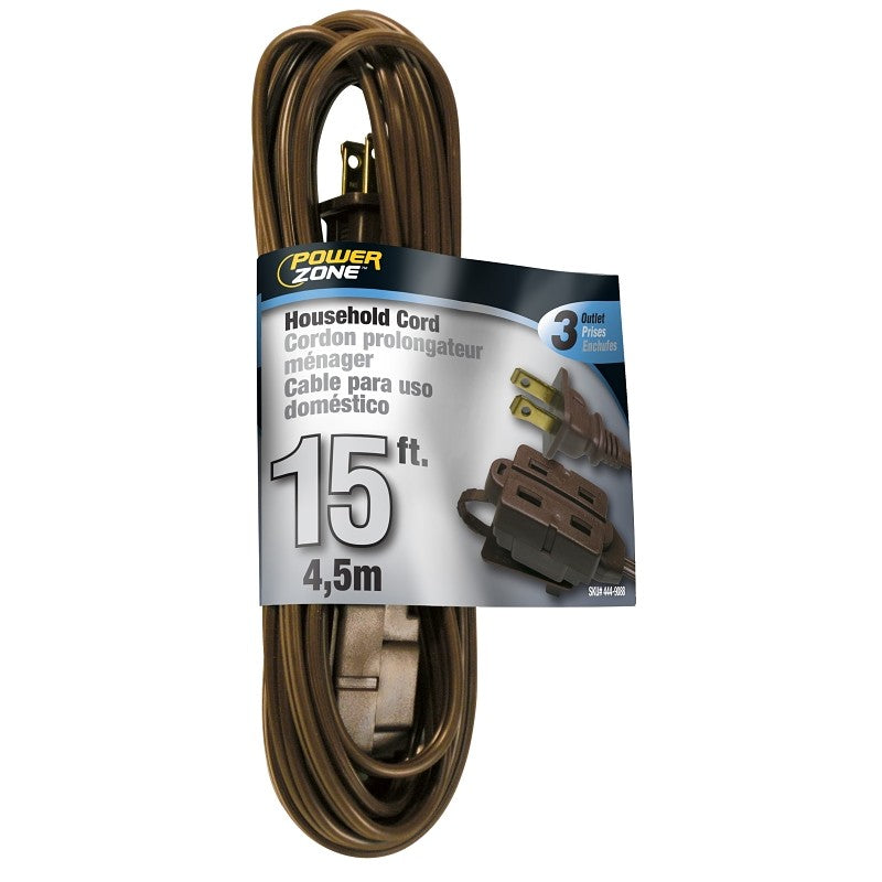 PowerZone OR670615 Extension Cord, 16 AWG Cable, 15 ft L, 125 V, Brown
