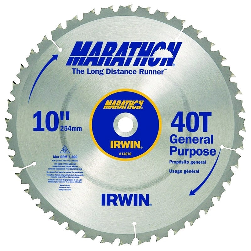 Irwin Marathon 14070 Table Saw Blade, 10 in Dia, 5/8 in Arbor, 40-Teeth, ATB Teeth, Carbide Cutting Edge