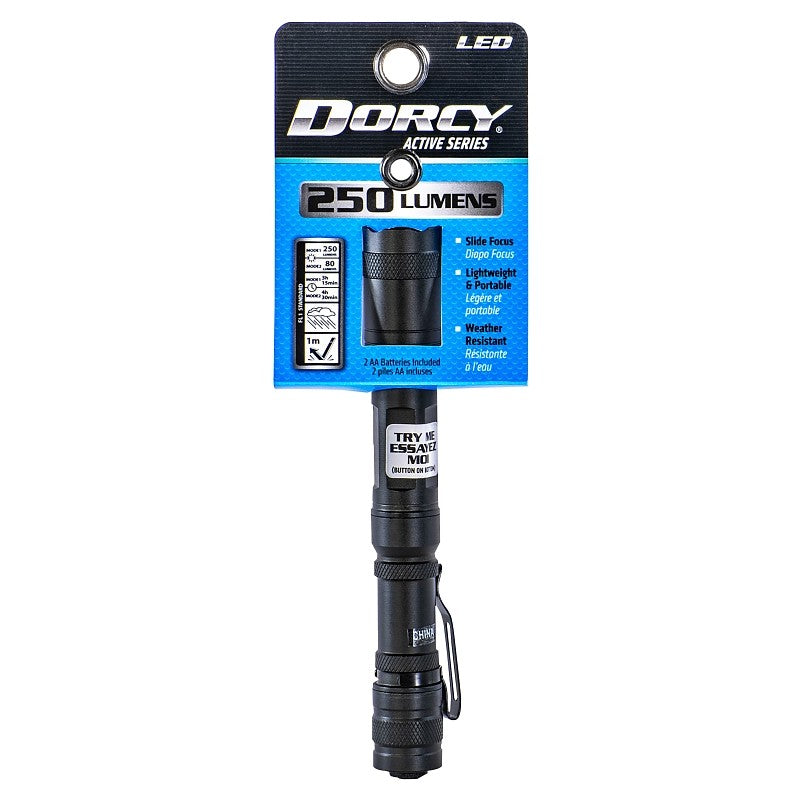 Dorcy 41-4117 Flashlight, AA Battery, Alkaline Battery, 250 Lumens High, 80 Lumens Low Lumens, Spot Beam, Black