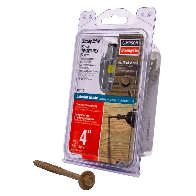 Simpson Strong-Tie Strong-Drive SDWH SDWH19400DB-R12 Timber Screw, 4 in L, Large Hex Washer Head, 5/16 in Drive
