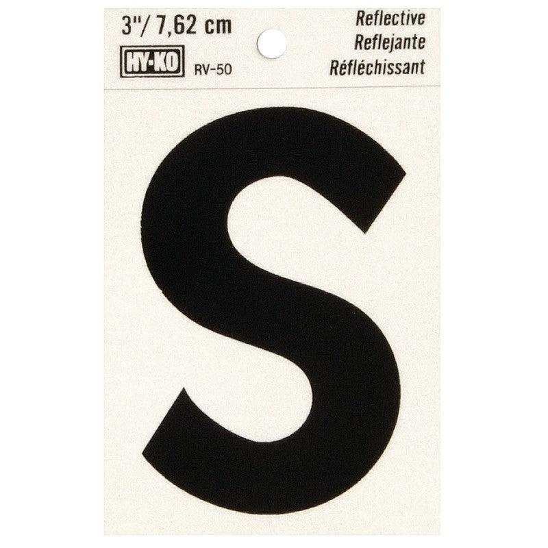 Hy-Ko RV-50/S Reflective Letter, 2-1/2 in W x 4 in H Dimensions, Character: S, 3 in H Character, Black Character, Vinyl (Pack of 10)