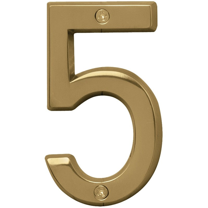 Hy-Ko Prestige Series BR-42PB/5 House Number, Character: 5, 4 in H Character, Brass Character, Brass (Pack of 3)