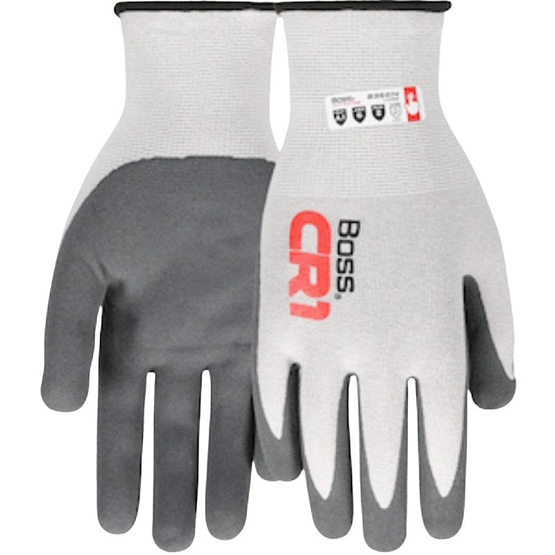 Boss CR1 B35014-L Cut-Resistant Gloves, L, Elastic Cuff, Nitrile Coating, Nylon/Spandex, Gray