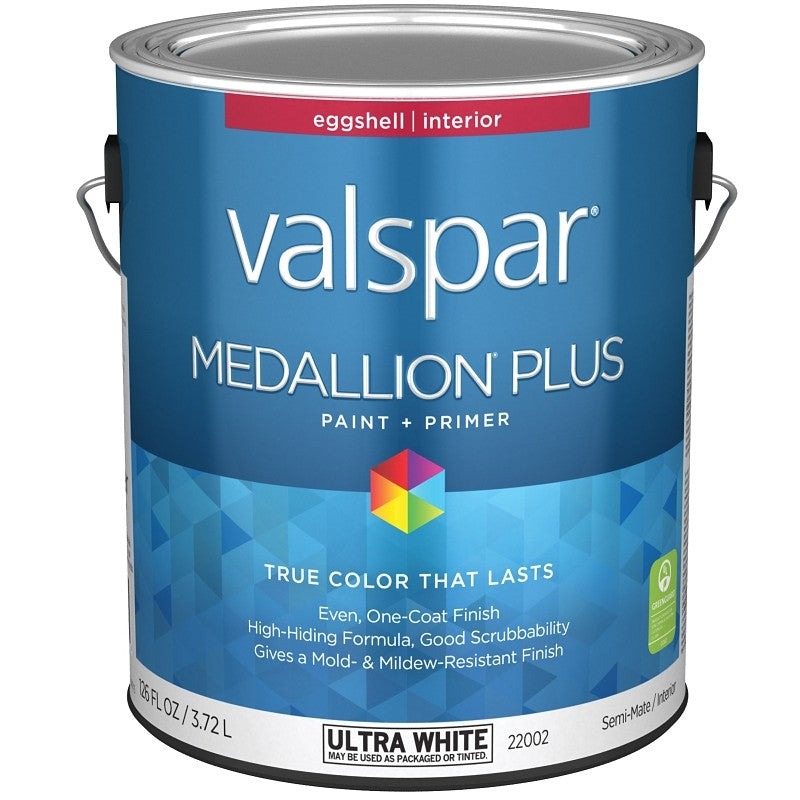 Valspar Medallion Plus 2200 028.0022002.007 Latex Paint, Acrylic Base, Eggshell Sheen, Ultra White Base, 1 gal, Can (Pack of 4)