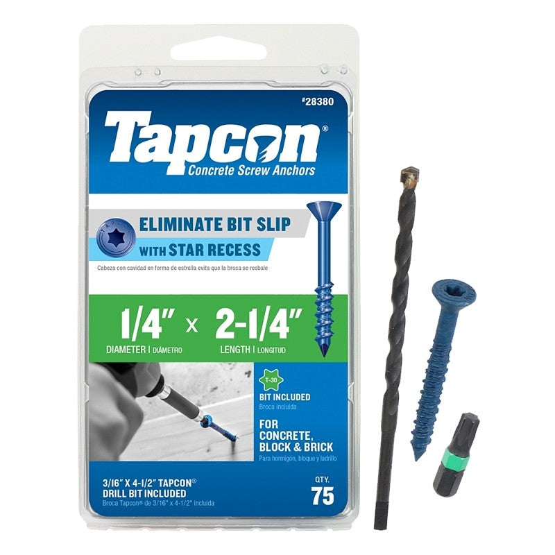 Tapcon 28380 Concrete Screw Anchor, T30 Screw, 1/4 in Dia, 2-1/4 in L, Steel, Climaseal, 75/PK
