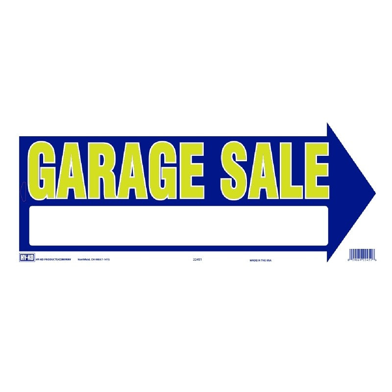 Hy-Ko 22451 Directional Sign, GARAGE SALE (Arrow), Yellow Legend, Blue Background, Plastic, 9 in H x 18 in W Dimensions (Pack of 10)