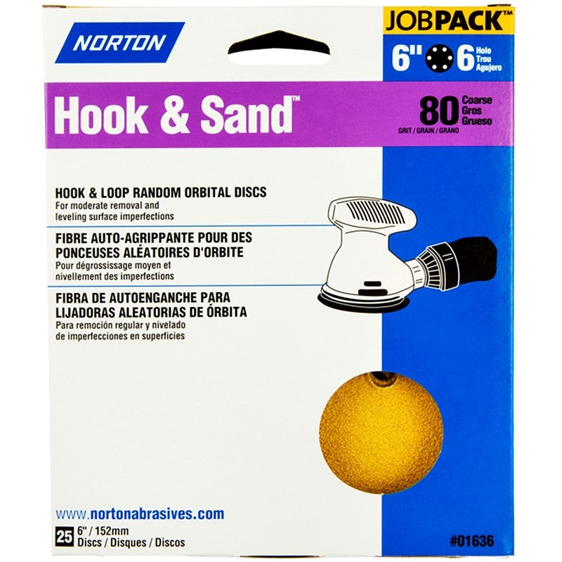 Norton Hook & Sand Series 07660701636 Vacuum Disc, 6 in Dia, P80 Grit, Coarse, Aluminum Oxide Abrasive, Paper Backing