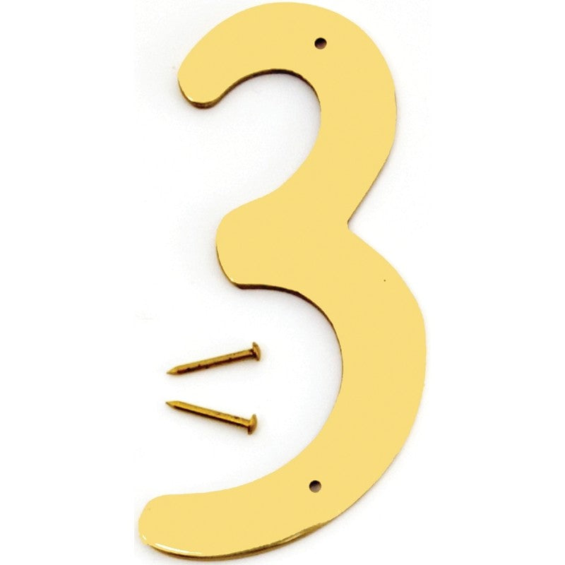Hy-Ko BR-40/3 House Number, 3 in W x 6-3/4 in H Dimensions, Character: 3, 4 in H Character, 2-1/2 in W Character, Brass