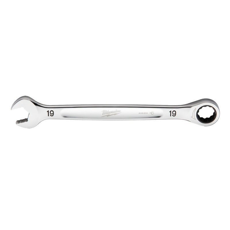Milwaukee 45-96-9319 Ratcheting Combination Wrench, Metric, 19 mm Head, 10.14 in L, 12-Point, Steel, Chrome