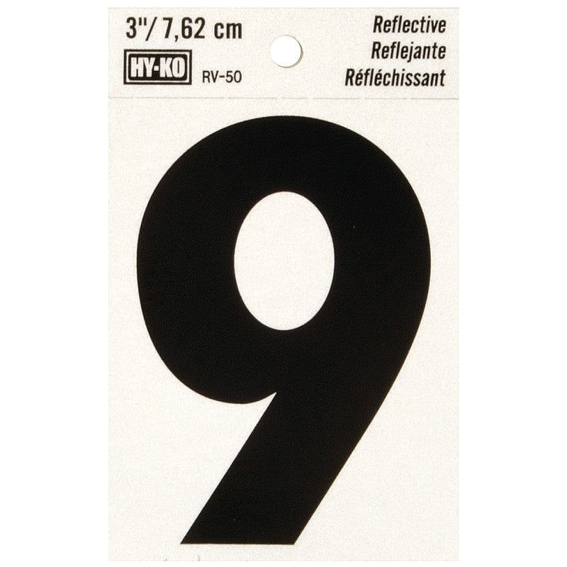 Hy-Ko RV-50/9 Reflective Sign, Character: 9, 3 in H Character, Black Character, Silver Background, Vinyl (Pack of 10)