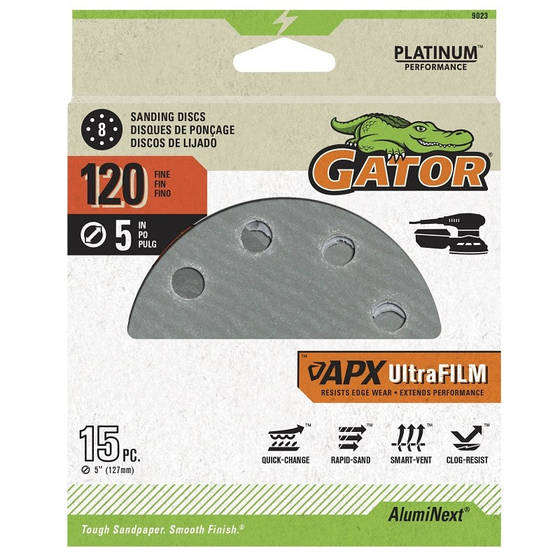 Gator Shopsmith 9023 Sanding Disc, 5 in Dia, 120 Grit, Fine, Aluminum Oxide Abrasive, Film Backing, Vented