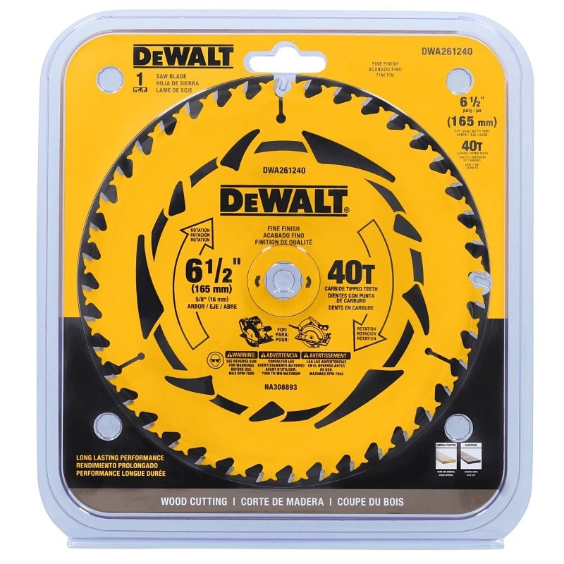 DEWALT DWA261240 Circular Saw Blade, 6-1/2 in Dia, 5/8 in Arbor, 40-Teeth, Tungsten Carbide Cutting Edge