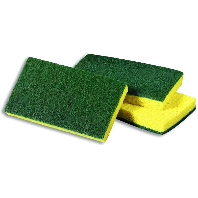 Scotch-Brite 74 Scrub Sponge, 6.1 in L, 3.6 in W, 0.7 in Thick, Cellulose/Fiber/Mineral/Resin, Green/Yellow (Pack of 20)
