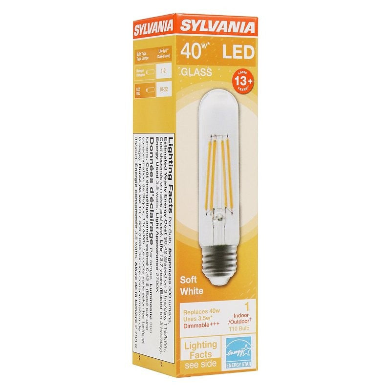 Sylvania 42054 LED Bulb, T10 Lamp, 40 W Equivalent, E26 Medium Lamp Base, Dimmable, Clear, Soft White, 2700 K Color Temp