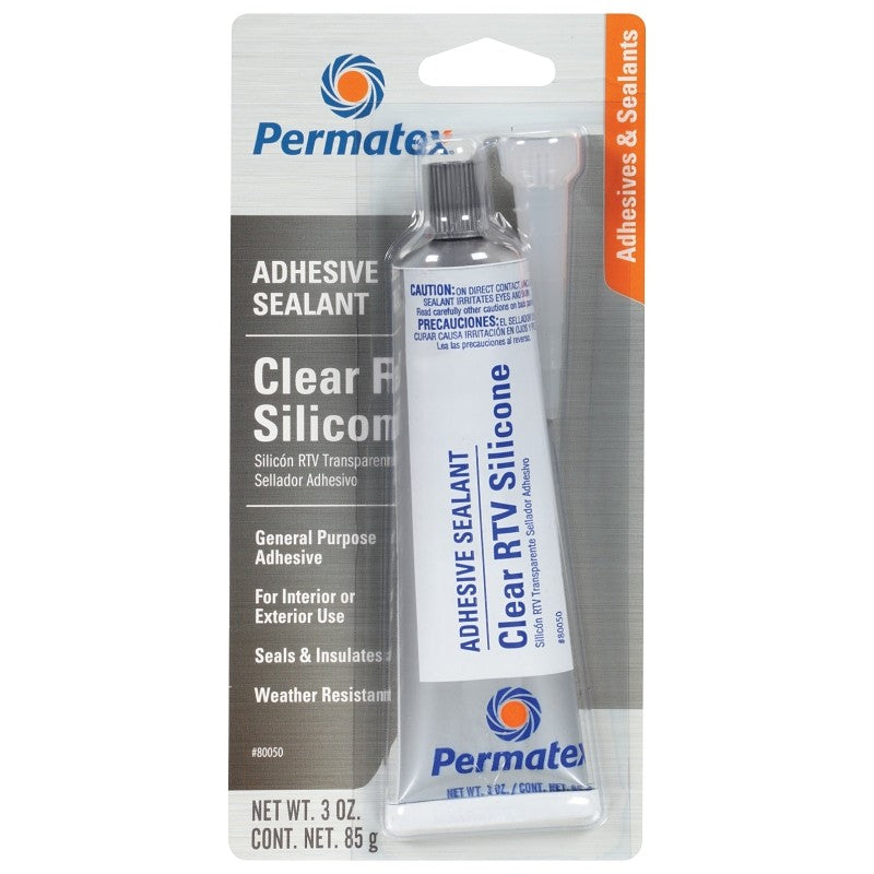 Permatex 80050 Silicone Adhesive Sealant, Clear, 3 oz Tube, Paste, Acetic Acid