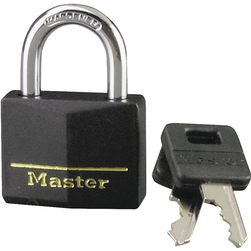Master Lock 141D Padlock, 1-9/16 in W Body, Keyed Different Key, 1/4 in Dia Shackle, Steel Shackle, Brass Body, Black