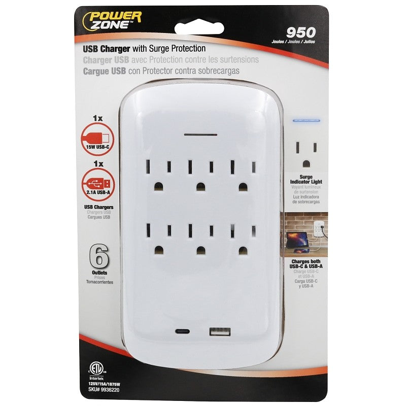 PowerZone ORPBSU072 Outlet Tap, 2.1 A, 1-USB Port, 6-Outlet, White