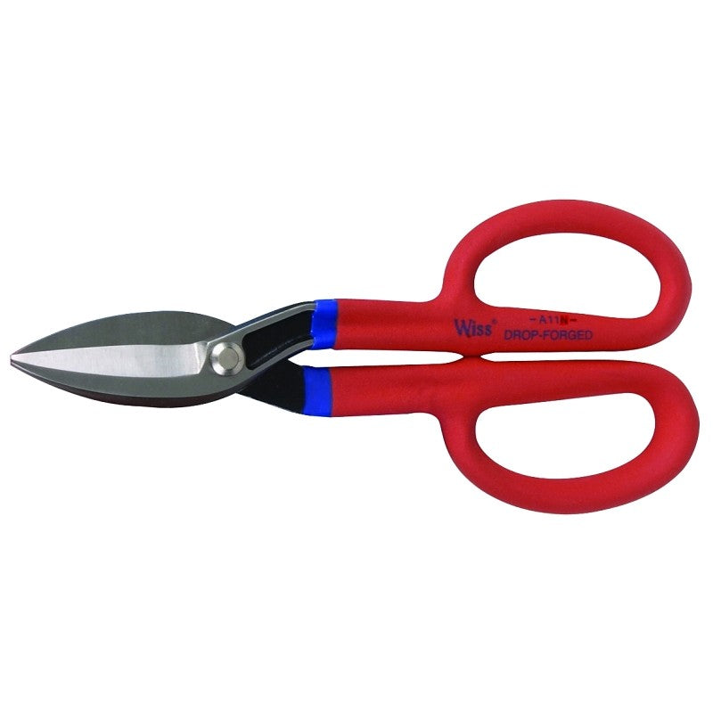 Crescent Wiss A11N Tinner Snip, 9-3/4 in OAL, Curved, Straight Cut, Steel Blade, Cushion-Grip Handle, Red Handle