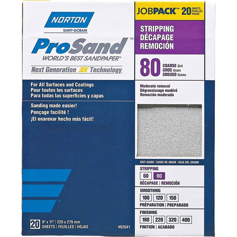 Norton ProSand 07660768174 Sanding Sheet, Tan, 11 in L, 9 in W, Coarse, 80 Grit, Aluminum Oxide Abrasive, Paper Backing