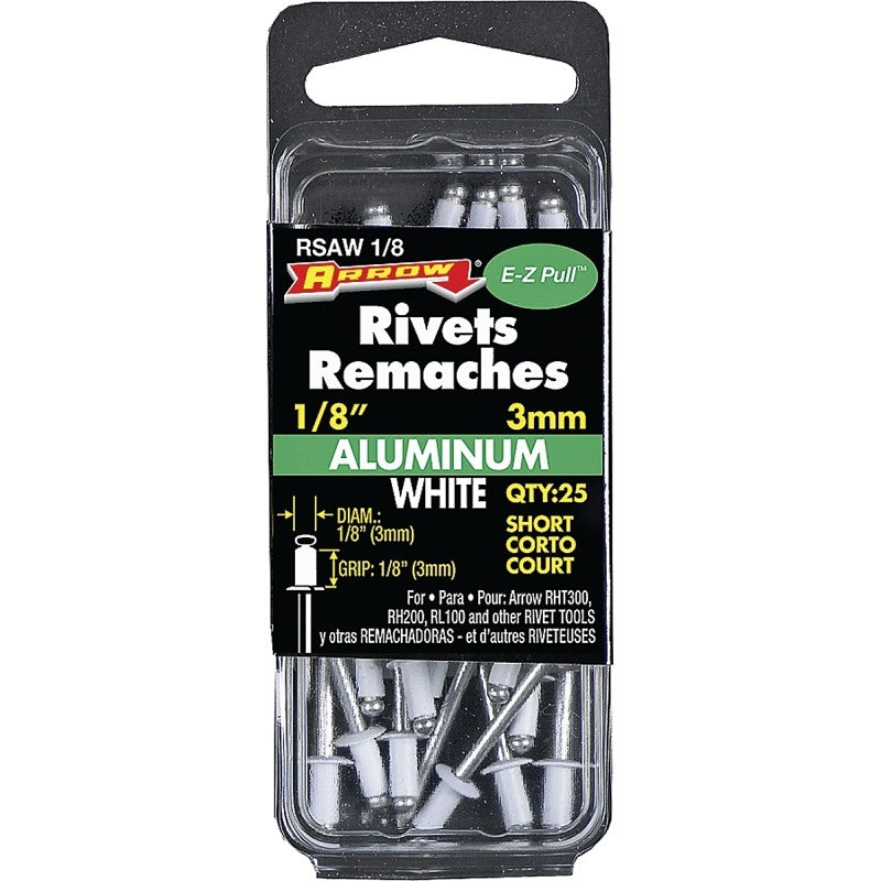 Arrow RSAW1/8 Pop Rivet, Short, 1/8 in Grip, 1/8 in L, Aluminum, White, 25/PK