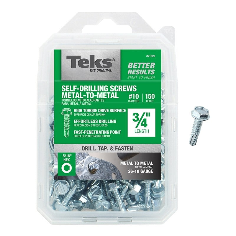 Teks 21320 Screw, #10 Thread, 3/4 in L, High-Low Thread, Hex Drive, Self-Tapping, Sharp, Type 3 Point, Steel, Zinc