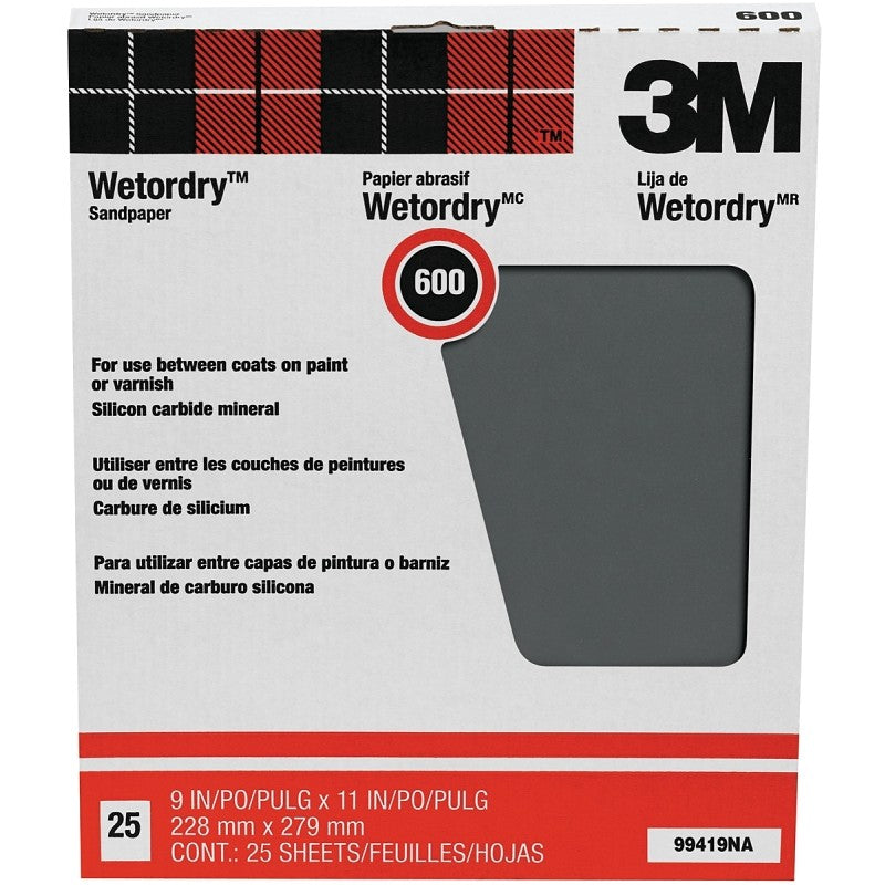 3M Wetordry 99419NA Sandpaper, 11 in L, 9 in W, Super Fine, 600 Grit, Silicon Carbide Abrasive, Paper Backing