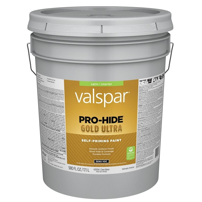 Valspar Pro-Hide Gold Ultra 6300 028.0063004.008 Latex Paint, Acrylic Base, Satin, Clear Base, 5 gal