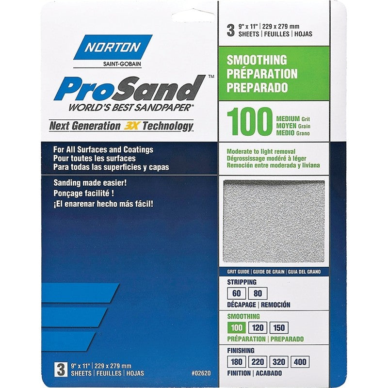Norton ProSand 07660768162 Sanding Sheet, Tan, 11 in L, 9 in W, Medium, 100 Grit, Aluminum Oxide Abrasive