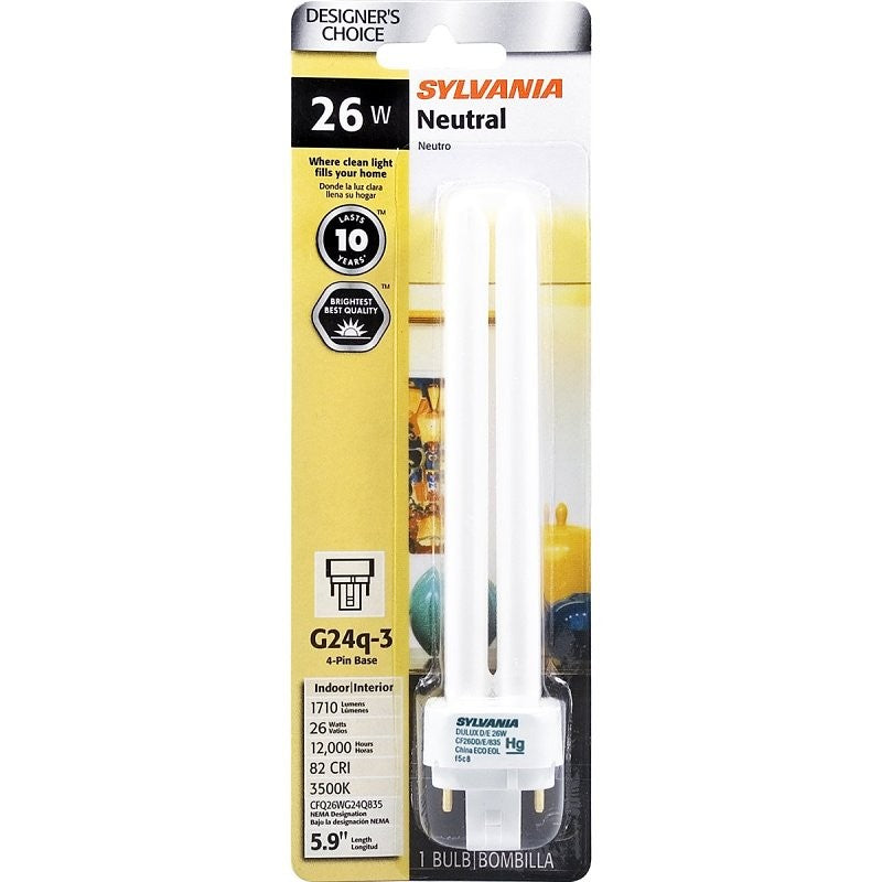 Sylvania 20644 Compact Fluorescent Bulb, 26 W, T12 Lamp, G24Q-3 Lamp Base, 989 Lumens, 3500 K Color Temp, White Light