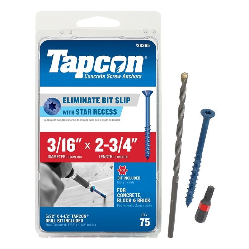 Tapcon 28365 Concrete Screw Anchor, T25 Screw, 3/16 in Dia, 2-3/4 in L, Steel, Climaseal, 75/PK