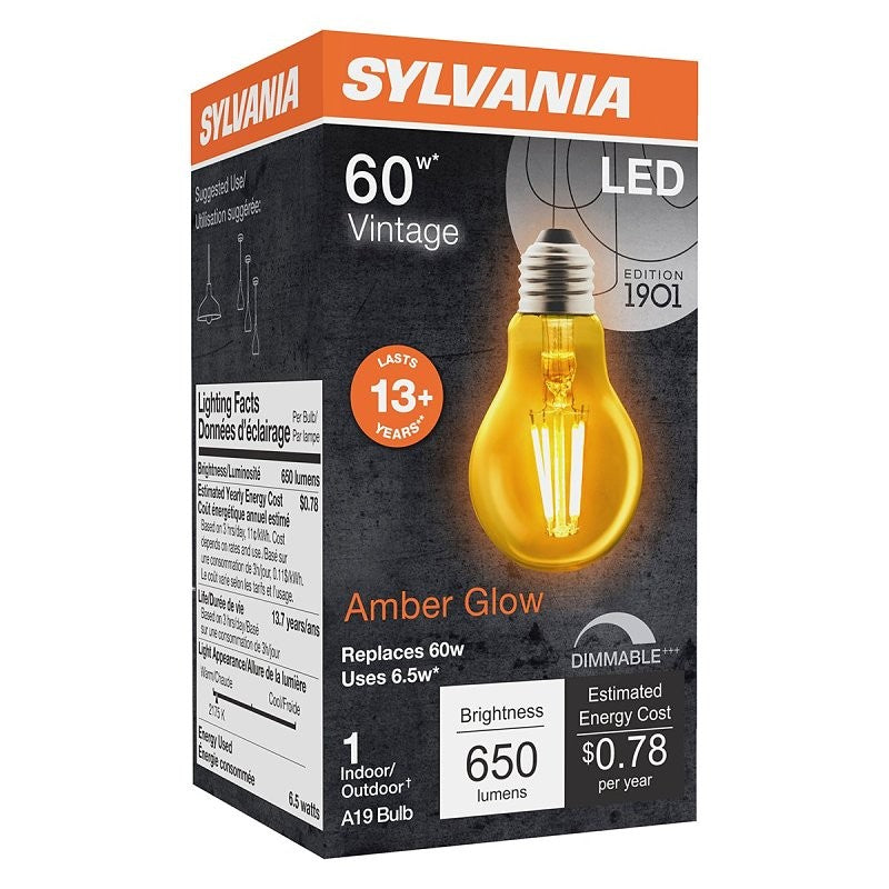 Sylvania 75349 Ultra LED Bulb, Decorative, A19 Lamp, 60 W Equivalent, E26 Lamp Base, Dimmable, Amber, 2200 K Color Temp