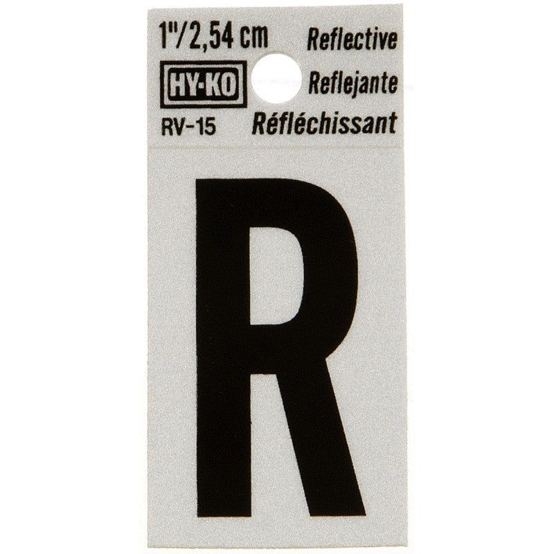 Hy-Ko RV-15/R Reflective Letter, Character: R, 1 in H Character, Black Character, Silver Background, Vinyl (Pack of 10)