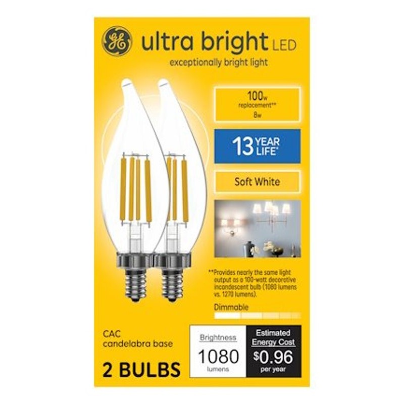 GE Ultra Bright Series 93131751 Light Bulb, CA12 Lamp, 100 W Equivalent, E12 Candelabra Lamp Base, Yes, Clear