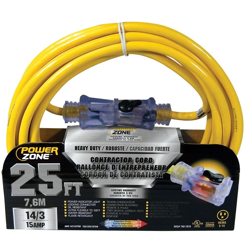 PowerZone ORP511725 Extension Cord, 14 AWG Cable, 25 ft L, 15 A, 125 V, Yellow