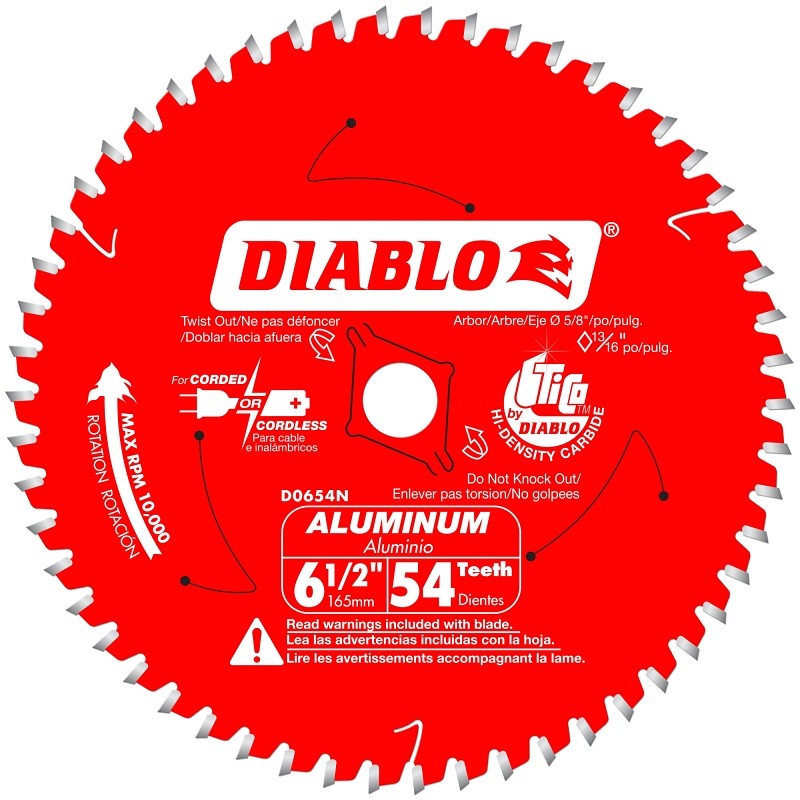 Diablo D0654N Circular Saw Blade, 6-1/2 in Dia, 54-Teeth, 5/8 in Arbor, Carbide Cutting Edge