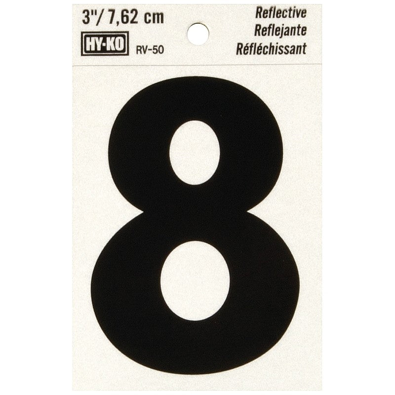 Hy-Ko RV-50/8 Reflective Sign, Character: 8, 3 in H Character, Black Character, Silver Background, Vinyl (Pack of 10)