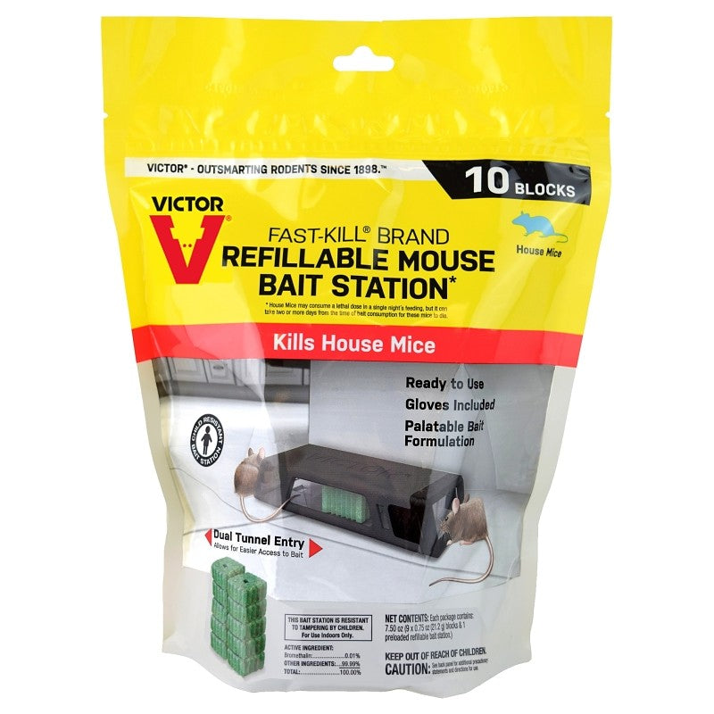 Victor M922 Mouse Bait Station, Includes: (9) Bait Block Refills, Disposable Gloves, 2-Opening, Plastic